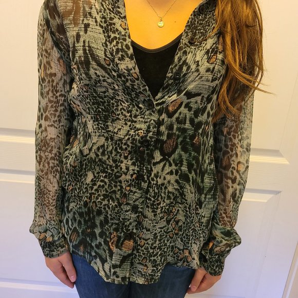 Guess by Marciano Sheer blue and black leopard print long sleeve shirt - Picture 1 of 6